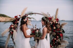 Two brides love is love shoot cathedral veil with lace iniza destination wedding inspiration 64 300x200
